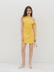 Linen-blend Asymmetrical Neck Ruched Mini Dress