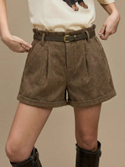 Corduroy Mid Rise Roll Hem Shorts With Belt