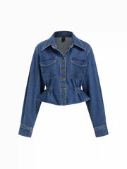 Denim Collar Long Sleeve Cinched Waist Ruffle Hem Crop Jacket
