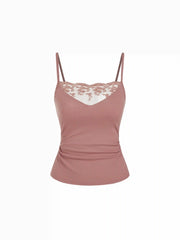 Textured Lace Panel Square Neck Ruched Cami Top