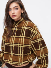 Fleece High Neck Drawstring & Plaid Oversized Sweatshirt