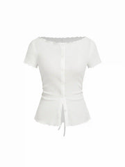 Textured Boat Neck Button Up Lettuce Trim Short Sleeve Top