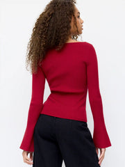 Knit Boat Neck Bell Sleeve High Stretch Top