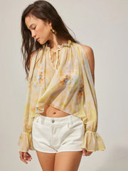 Chiffon Abstract Tie Dye V-Neck Ruffled Raglan Sleeve Oversized Blouse