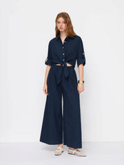 Linen-blend Collar Knotted Roll Hem Oversized Jumpsuit