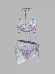 Halter Cherry Tie Side Bikini Swimsuit With Sarong