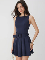 Pleated Belted Sleeveless A-line Mini Dress