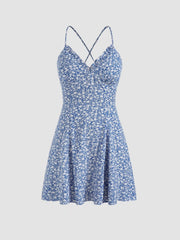 Floral Lace Up Backless Mini Dress