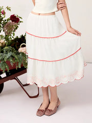 Linen-blend Fruit Embroidery Tiered Scalloped Midi Skirt