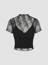 High Neck Lace Floral Top & Solid Crop Cami Top Set