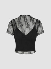 High Neck Lace Floral Top & Solid Crop Cami Top Set
