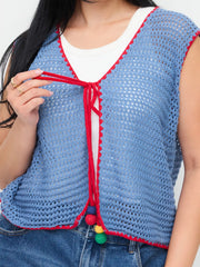 Knit Crochet V-Neck Colorblock Tie Front Bow Oversized Vest Curve & Plus