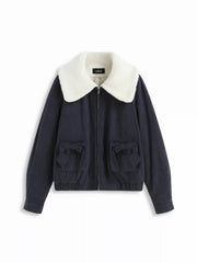 Corduroy Collar Bowknot Zip Through Oversized Jacket