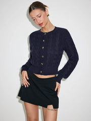 Cable Knit Round Neckline Metal Detail Cardigan