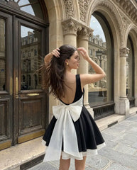 Colorblock Boat Neck High Rise Bowknot Flared Mini Dress