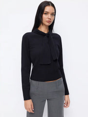 Knit Stand Collar Tie Front Button Long Sleeve Top
