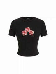 Cotton-blend Round Neckline Cherry Ice Cube Graphic Crop Tee