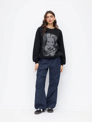 Mid Rise Polka Dot Elastic Waist Drawstring Straight Leg Trousers