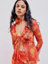 Mesh V-neck Ruffle Trim Knotted Long Sleeve Blouse