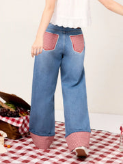 Washed Denim Gingham Wide Leg Oversized Cropped Jeans