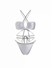 Ruched Crisscross Bikini with Pearl Chain Set