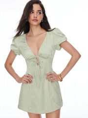 Jacquard V-neck Puff Sleeve Tie Front A-line Mini Dress