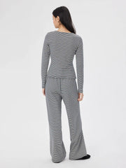 Striped Round Neck Top & Mid Rise Drawstring Wide Leg Trousers Set