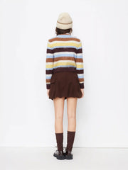 Knit Mohair-blend Stand Collar Striped Zip Through Cardigan