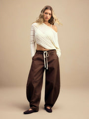 Denim High Rise Drawstring Barrel Leg Trousers