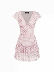 Mesh Polka Dot V-neck Ruched Tiered Short Sleeve Mini Dress