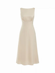 Satin Boat Neck Backless Bowknot Ruched A-line Midi Dress