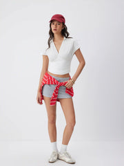 Cotton V-neck Ruched Short Sleeve Blouse