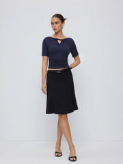 High Stretch Boat Neck Short Sleeve Twist Cut Out Ruched Tee