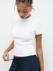 Cotton-blend Round Neckline Solid Short Sleeve Cropped Tee