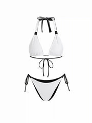 Colorblock Reversible Halter Neck Ruched Tie Side Triangle Bikini Set