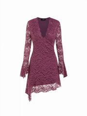 Lace V-neck Bell Sleeve High Low Mini Dress