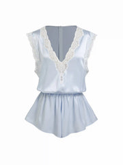 Satin V-neck Lace Trim High Rise Micro Romper