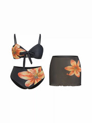 Sweetheart Floral Knotted Bikini Set With Beach Skirt Curve & Plus