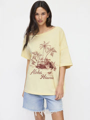 Cotton Asymmetrical Neck Short Sleeve Nature Graphic Tee