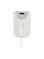 Cotton Textured Square Neck Drawstring Crop Tank Top