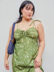 Square Neck Floral Ruched Split Midi Dress Curve & Plus