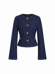 Denim Round Neckline Tie Back Cinched Waist Metal Button Jacket
