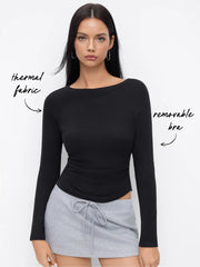 Thermal Cotton-blend Boat Neck Ruched Tee With Removable Padding