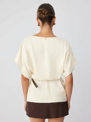 Satin Boat Neck Batwing Sleeve Oversized Blouse With Belt