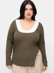 Two Tone Cotton-blend U-neckline Split Hem Long Sleeve Top Curve & Plus