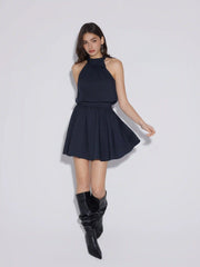 Asymmetrical Neck Mid Rise Flared Mini Dress