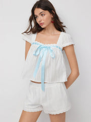 Cotton Square Neck Puff Sleeve Bowknot Top & Shorts Set