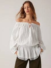 Cotton-blend Off-shoulder Lace Drawstring Puff Sleeve Oversized Blouse