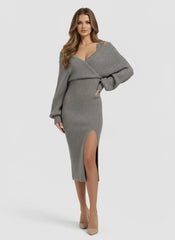 Knit Off-Shoulder Wrap Lace Split Midi Dress