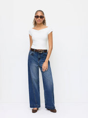 Denim Mid Rise Washed Elastic Waist Wide Leg Jeans